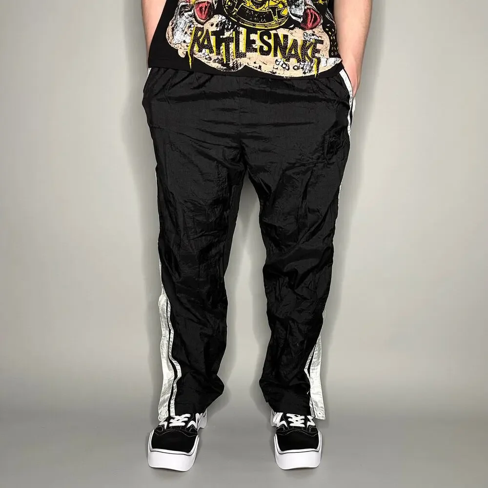 Vintage 90s Track Pants Mens M Baggy Flared Fit Jet Black Nylon White Lined - Picture 2 of 4